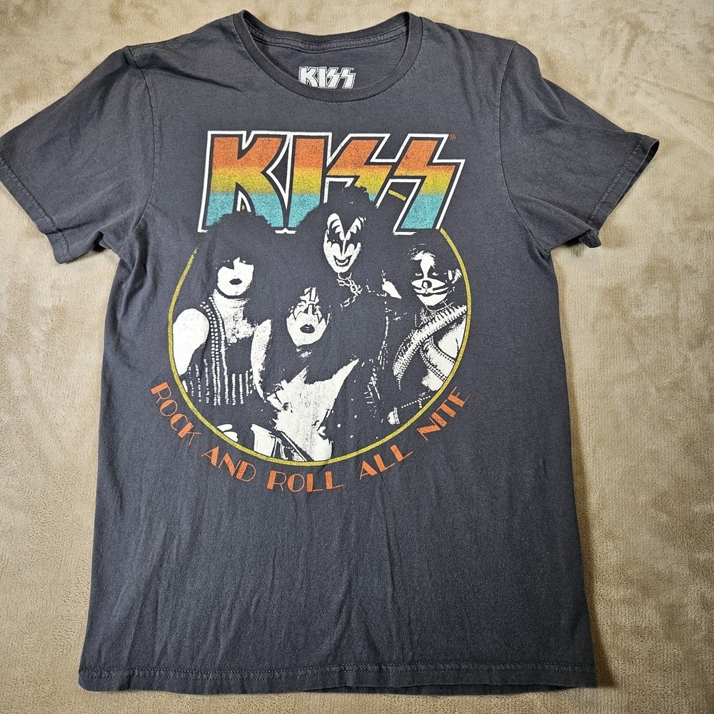KISS Rock and Roll All Nite Graphic T-Shirt Gray Mens Small Band Tee 2022